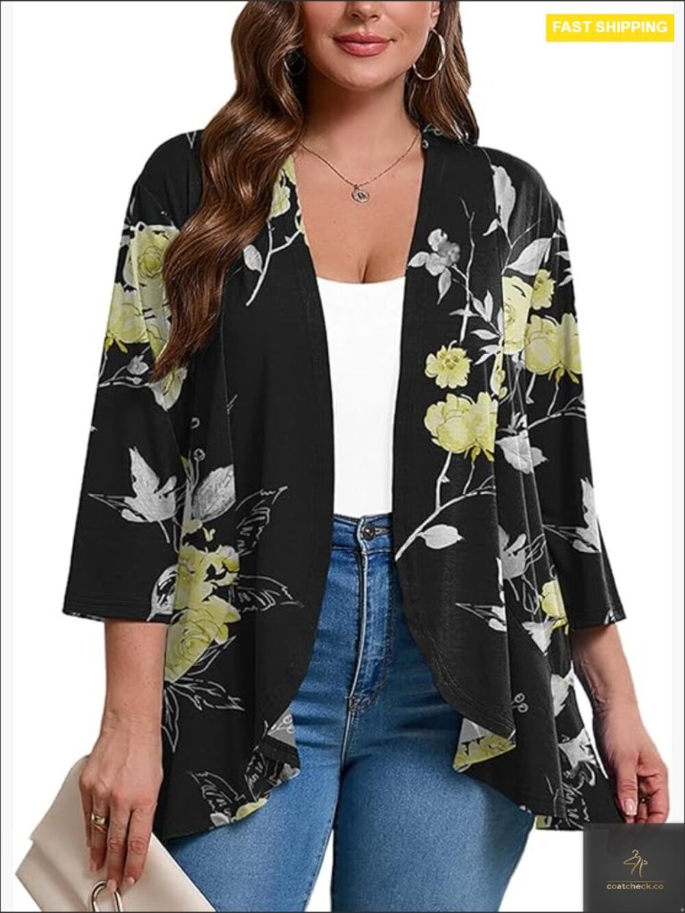 Plus Size 3/4 Sleeve Lightweight Cardigan Open Front Draped Ruffles Kimono Shrug